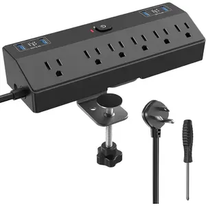 Desk Clamp Power Strip 2 USB C Desktop Mount Outlet  Station, 10FT Extension Cord Flat Plug with 6 AC, Removable 40W   Surge Protector Power Strip Fits 1.8" Office Tabletop Edge
