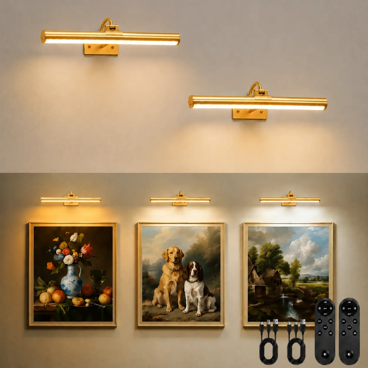 2-Pack USB Rechargeable Wireless Wall Mounted Light, 16 Inch Gold Picture Light, 6000mAh Dimmable Rotatable LED Gallery Lamp with Remote, Modern Mood Lighting for Gallery Art, Paintings, Portraits, Vanity Mirrors & Dartboards