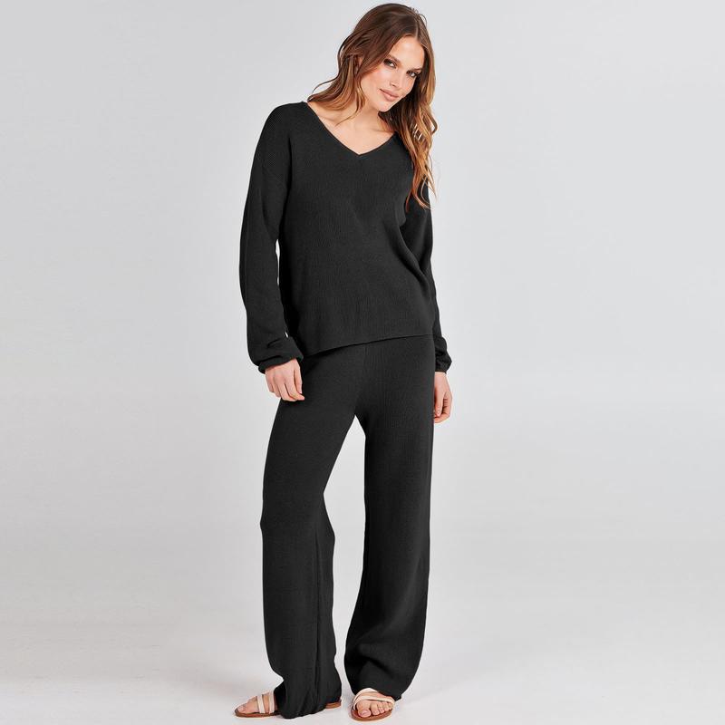 ANRABESS Women 2 Piece Outfits Sweater Lounge Sets Long Sleeve Cable Knit Pullover and Wide Leg Pants Tracksuit Matching Set
