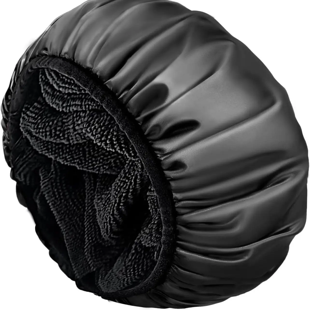 Women's Thick Reusable Plain Silk Satin Terry-Lined Shower Cap - 3-Layer Waterproof Bathroom Accessory, Extra Large for Long Hair, Sustainable, Keeps Hair Secure, Microfiber Absorbent, Travel-Friendly (Black)