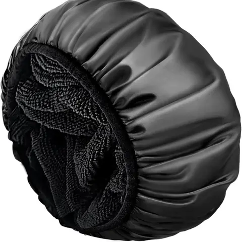 Women's Thick Plain Silk Satin Terry-Lined Reusable Hair Absorbing Shower Cap - 3-Layer Waterproof Bathroom Accessory, Extra Large for Long Hair, Sustainable, Secure Fit, Travel-Friendly (Black), Hair Absorbing Shower Caps