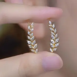 LisiZen Crystal Leaf Ear Crawler Earrings 14K Gold Plated Ear Climber Earrings Sparkling Wheat Inspired Earrings Elegant Fashion Jewelry, Statement Gift for Women DZEH1780