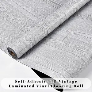 Self-Adhesive 3D Vintage Laminate Vinyl Flooring Roll Waterproof Wear-Resistant Wood Grain Peel & Stick Floor Covering for Bathroom Kitchen RV Bedroom Office DIY Friendly Home Renovation
