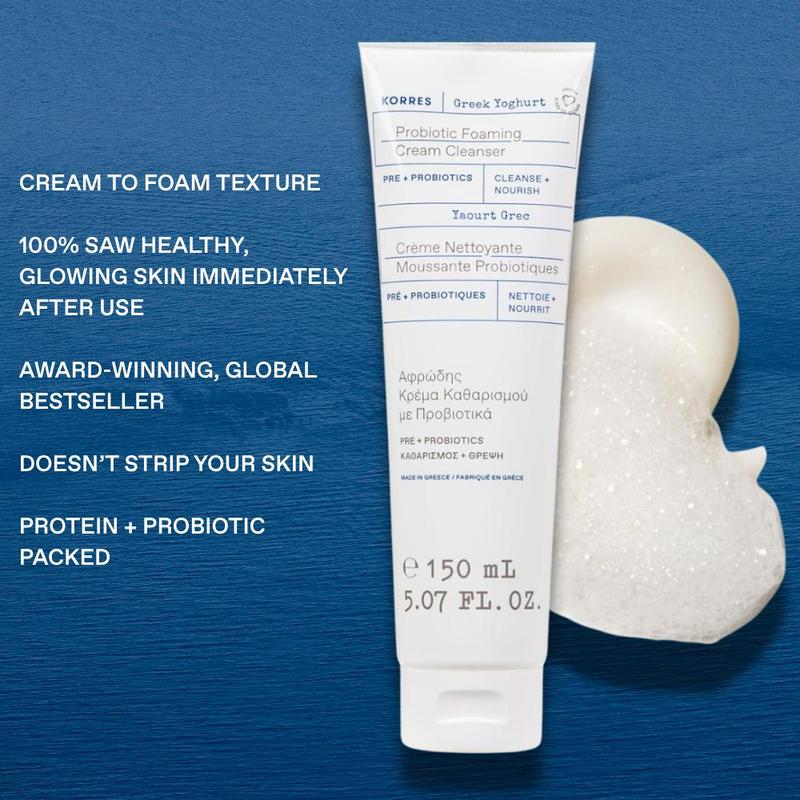 Greek Yoghurt Foaming Cream Cleanser, Hydrating, Deep Cleansing Skin Care, Makeup Remover, Face Wash for Women, Cream to Foam Facial Cleanser for Dry, Oily, Sensitive, Any Skin Type, 5.07 fl oz | KORRES