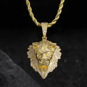 2-105 RCC14/K Plated  Domineering lion lion head pendant, hip-hop jewelry, domineering punk rap stacked with copper inlaid zircon items