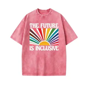 Vintage Washed Pink "The Future Is Inclusive" Rainbow Sun Oversized Cotton Crew Neck T-Shirt, LGBTQ+ Pride Graphic Tee, Retro Boho Casual Top