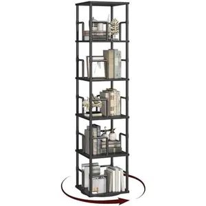 5-Tier Rotating Bookshelf, Freestanding Corner Bookshelf, 360 Spinning Bookcase, Industrial Style Storage Rack with Rails, for Living Room, Bedroom, Study, Black BKBK1601