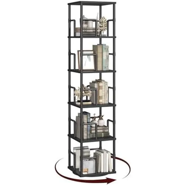 5-Tier Rotating Bookshelf, Freestanding Corner Bookshelf, 360 Spinning Bookcase, Industrial Style Storage Rack with Rails, for Living Room, Bedroom, Study, Black BKBK1601