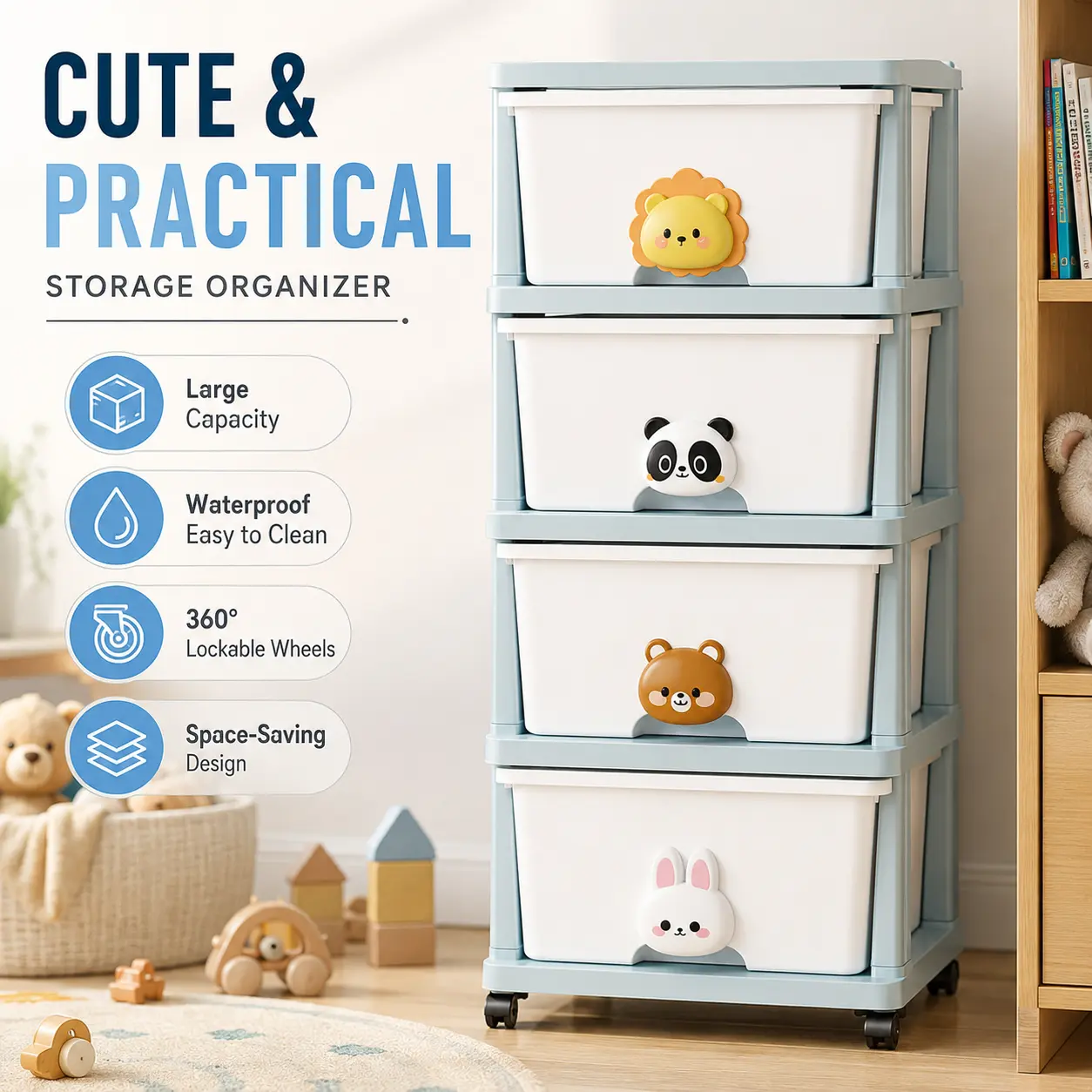 Classic Rectangle Cartoon Toy Organizer with Multi-Drawers, Rolling Wheels, Waterproof PP Material - Space-Saving Home Storage for Kids’ Books, Clothes in Bedroom, Nursery