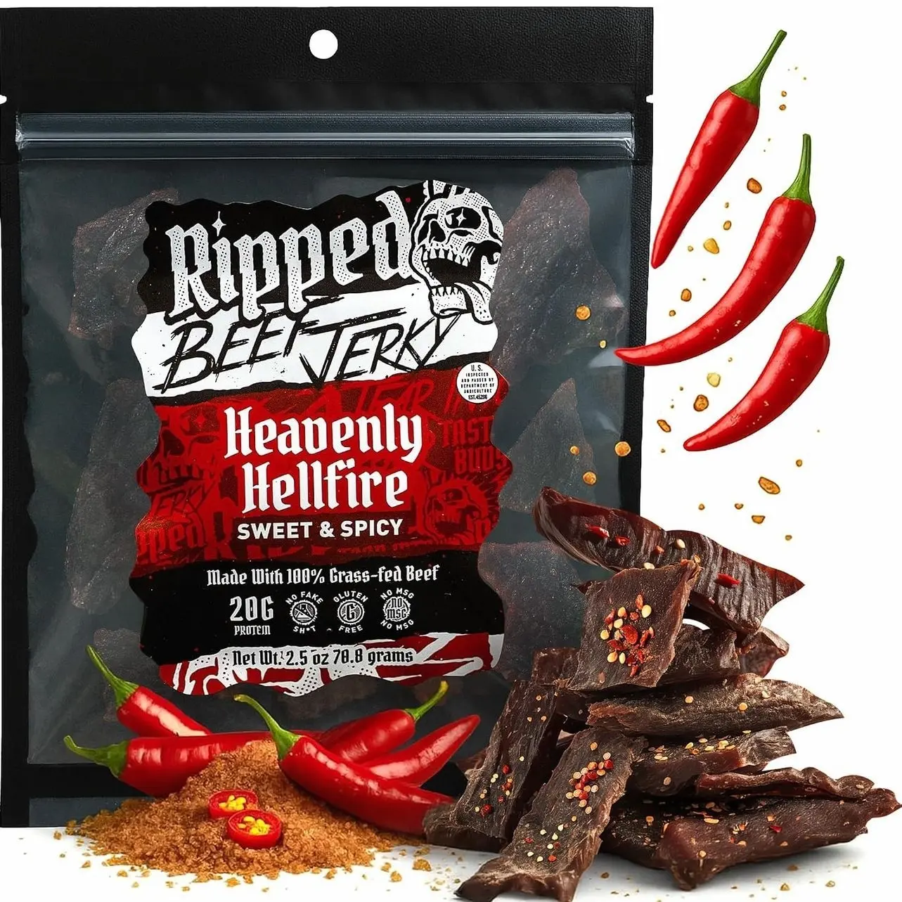 Ripped Beef Jerky - 100% Grass Fed Beef, 20g Protein, Real Ingredients, Gluten Free, No MSG, Made in USA (Pack of 3, Sweet & Spicy)