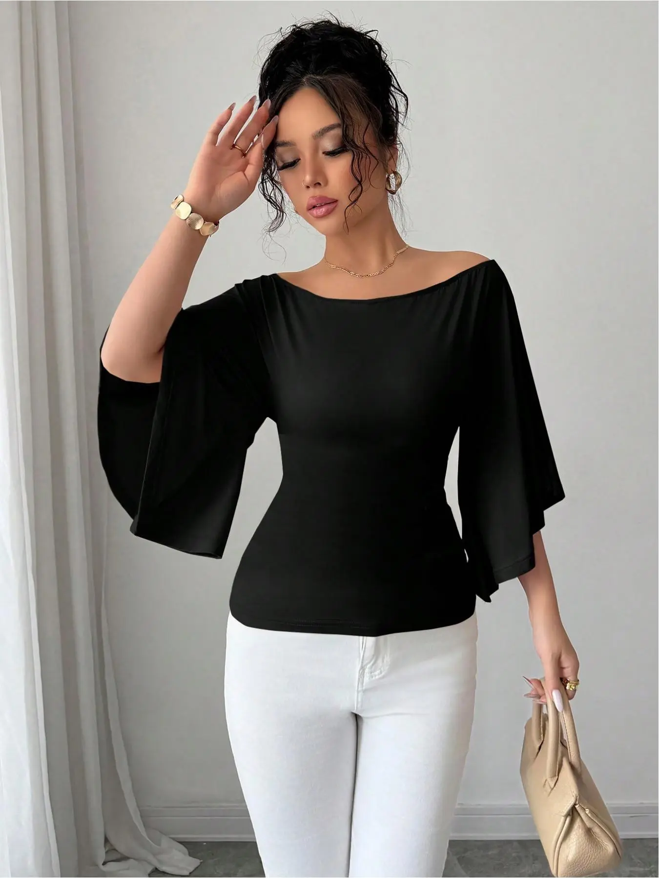 Fashionable European Style One Shoulder Batwing Sleeve Top, Bodycon Fitted Top, Slim Fit Pure Color Women's Summer Casual Chic Fitted Blouse, Shirts, Stylish Ladies' Clothing, Fitted