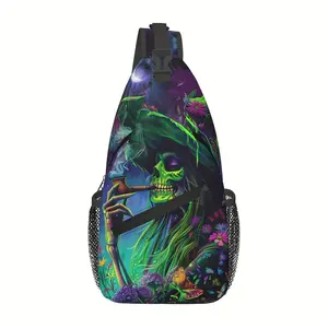 A Versatile Crossbody Chest  Designed for Hiking, Featuring a Green Skull And Butterfly Floral Pattern. This Foldable Shoulder  Boasts a Large Capacity, Making It Perfect for Shopping, Fishing bag