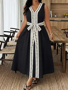 Plus Size Women's A-Line V-Neck Sleeveless Dress, Womenswear, Geometric Print, Casual Fashion, Casual Elegance, Versatile Commuter Wear, Stylish, Comfortable, Belt and Chic, Bohemian Summer Dresses, Casual Everyday Dress, Casual Boho Sundress