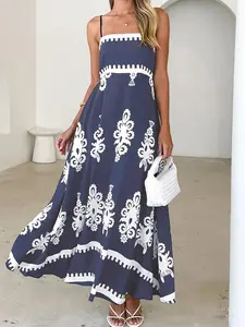 Women's Ethnic Pattern Pocket Cami Dress, Boho Casual Comfy Chic Sleeveless A Line Long Dress for Beach Holiday Vacation, Ladies Summer Clothes, Bohemian Print Dresses