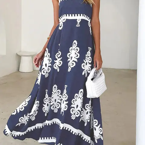 Women's Ethnic Pattern Pocket Spaghetti Strap Cami Dress, Boho Casual Comfy Chic Sleeveless A Line Long Dress for Beach Holiday Vacation, Ladies Summer Clothes, Bohemian Style Print Dresses