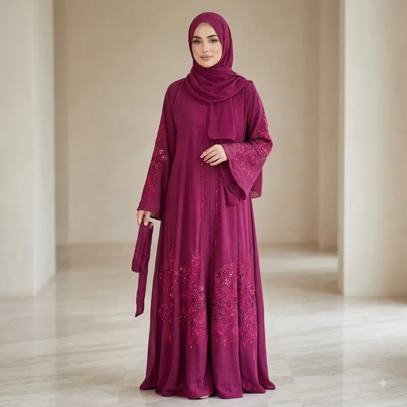 Burgundy Arabic Abaya, Top-Quality Dyed Women's Modest Wear