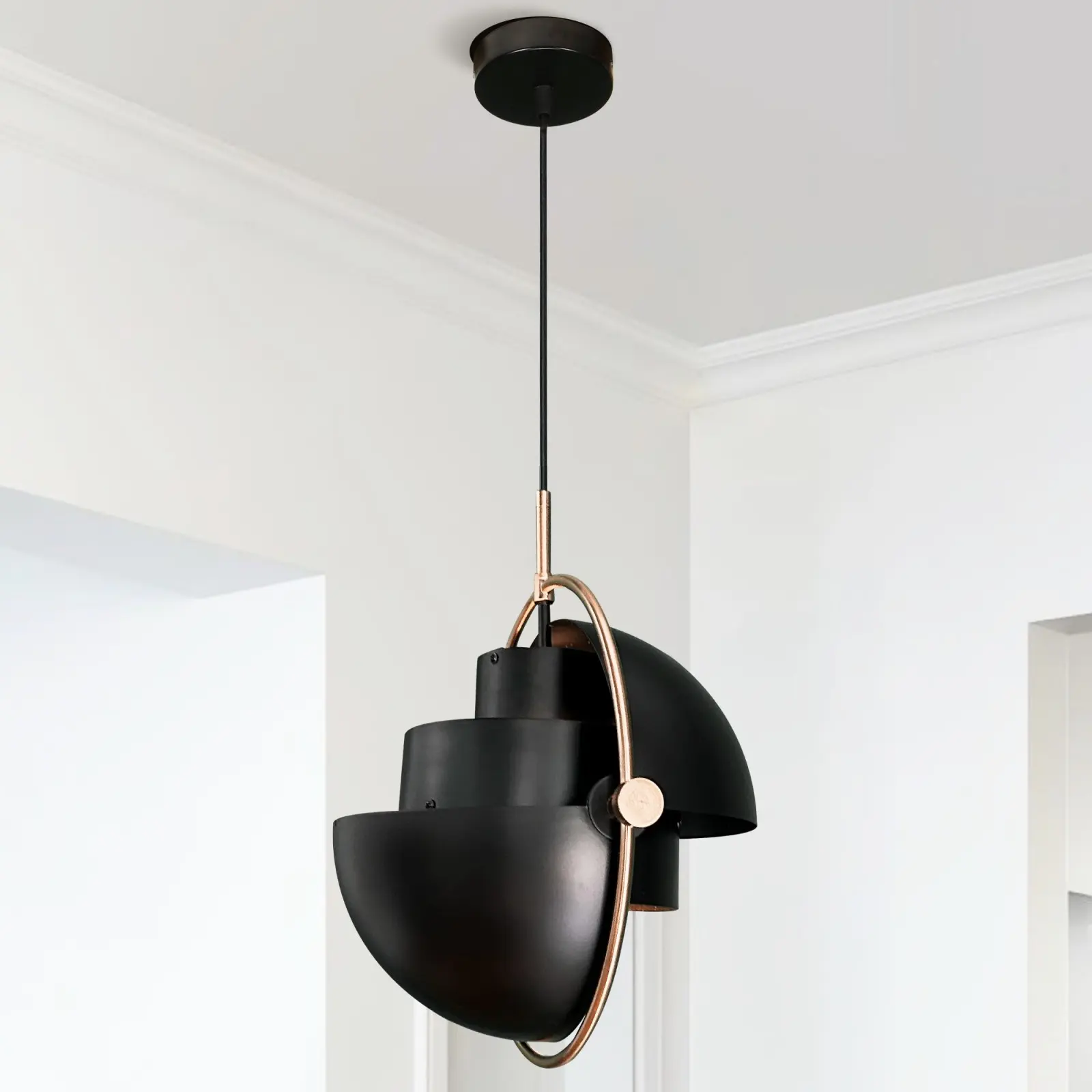 Modern Black Metal Pendant Light, 1-Light E26 Adjustable Hanging Ceiling Lamp with 15-Inch Dome Shade & Gold Ring for Dining Room