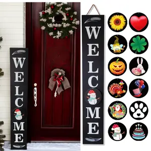 Holiday Welcome Sign at the Front Door, 47X7.9 Wooden Sign with 12 One Interchangeable Icons for Porch Patio Standing, Farmhouse Seasonal Home Decor Ornaments Decoration