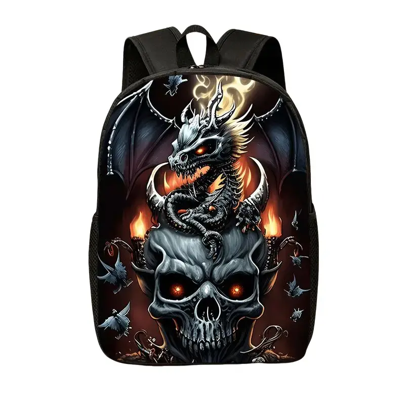 Unisex Skull & Dragon Print Casual Laptop Backpack - Dark Aesthetic, Lightweight, Roomy, Multi-Function Daypack with Adjustable Shoulder Straps, Side Pockets for Adults, Daily Commute, Hiking, Goth Holiday Gift for Dark Art Enthusiasts