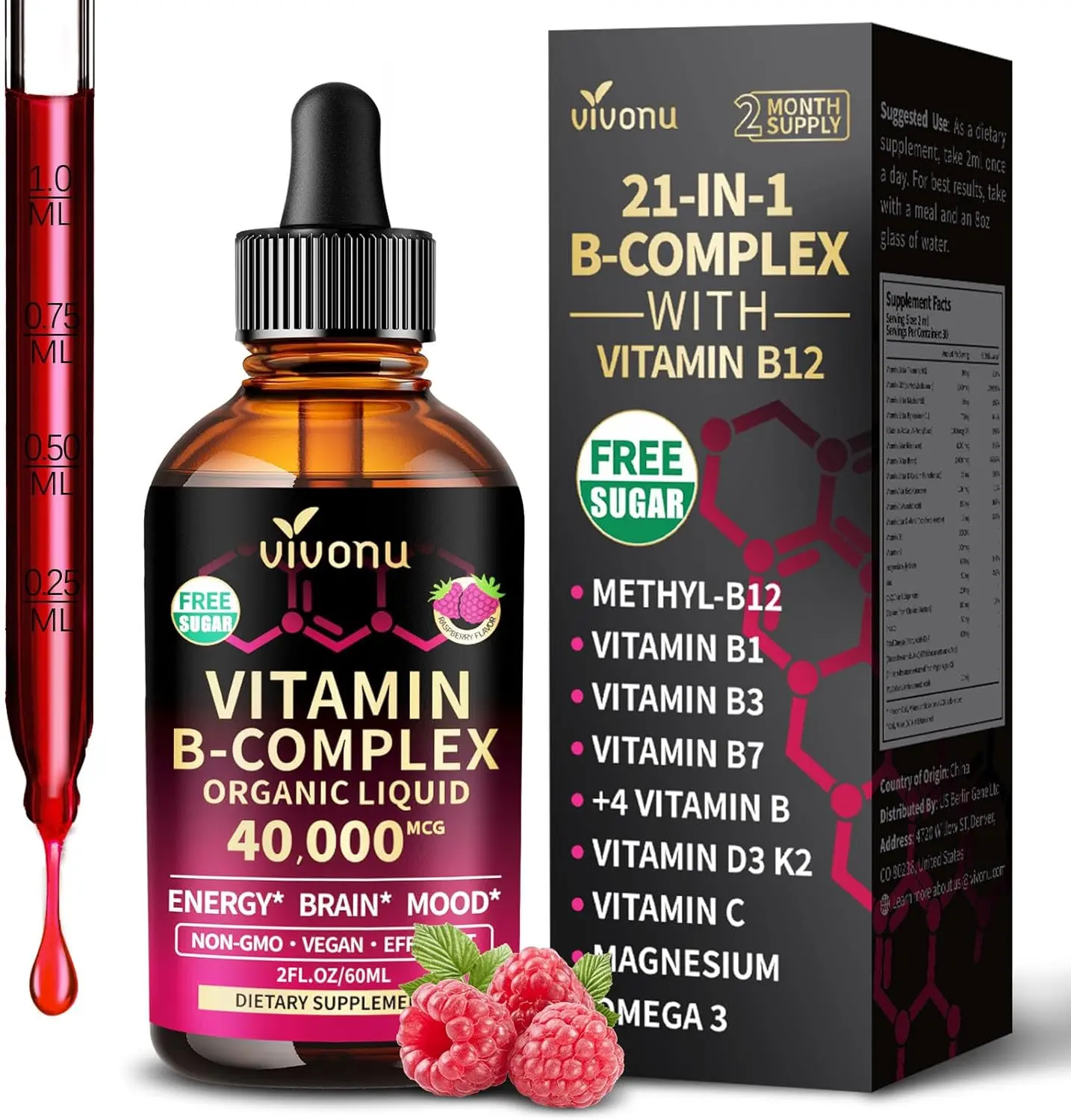 VivoNu Vitamin B Complex Liquid Drops, Methylated Vitamin B12 6000 mcg, B1, B6, B3, B5, B2, Folate, Biotin with Vitamin C D A E, Magnesium, Zinc, CoQ10 for Energy (1 Bottle)