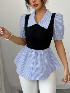 Women's  2 in 1 Colorblock Blouse, Casual Chic Fitted Short Sleeve Collar Top for Summer, Ladies Clothes for Daily Wear