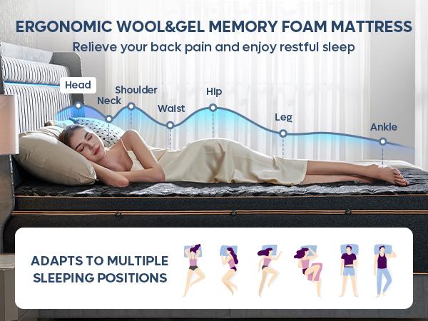 Bestier 14-inch Mattress Medium Firm Organic Wool Gel Memory Foam Ergonomic Bedding in a Box