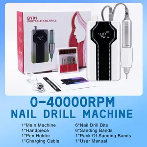 Nail Drill Professional 40000RPM, Cordless Electric Nail File Drills, Portable Rechargeable E File 6 Bits Manicure Pedicure Kit for Acrylic Nails Gel Remover Salon Home Tools, White