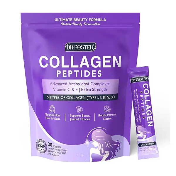 Collagen Peptides Powder Stick Packs, Multi Collagen Types I, II, III, V & X with Antioxidant Blend, Vitamins C & E, Supports Healthy Skin, Hair, Nails & Joint Health, Non-GMO, 30 Single-Serve Stick Packs