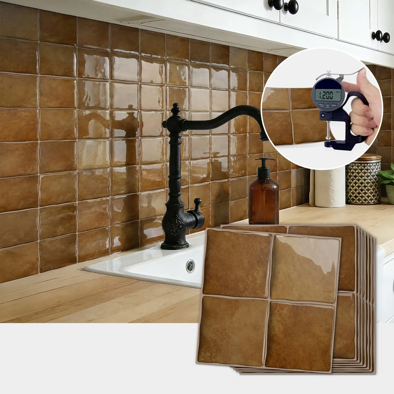 12/24PCS Per Box D-PBS Epoxy Decorative Tiles Stickers PET+PU 3D Vintage Caramel Brown Large Square Waterproof Oil-Proof for Kitchen Bathroom Floor Ceiling Old Wood Board Home Decoration