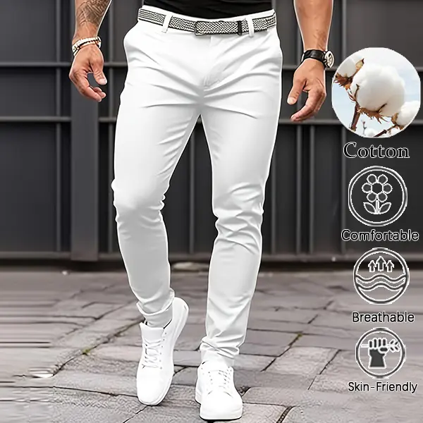 Men's Fitted Plain Cotton Pants - Soft High-Cotton & Polyester Fabric, Clean White Wash, Tailored Slim-Fit Conical Leg, Breathable, Minimalist, Elegant Mensfashion All-Seasons Smart Casual Bottoms