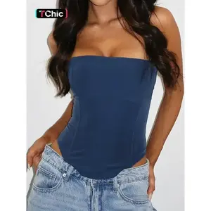Women's Fashion Casual Sleeveless High Low Hem Strapless  - Plain Lace Up Corset Backless Tube  Womenswear Streetwear school outfits long sleeve tops