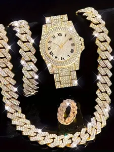 Temu Hip Hop Cuban Chain Bracelet Necklace Watch Set Gift Set Quartz Fashion Rhinestone Watch Unisex, Stylish Jewelry Accessory