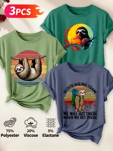 Women's Casual 3-Pack Short-Sleeve T-Shirt, Sloth Hiking Team Themed Print, Multiple Colors Available, Machine Washable, Spring & Summer Top, Soft Skin-Friendly, Daily Versatile, Fashion Design