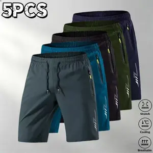 5-piece set of men's casual sports ice silk shorts, featuring lightning reflective print design, elastic drawstring waist, and side zipper pockets, perfect for summer wear, daily activities, outdoor activities, walking, running, and leisure