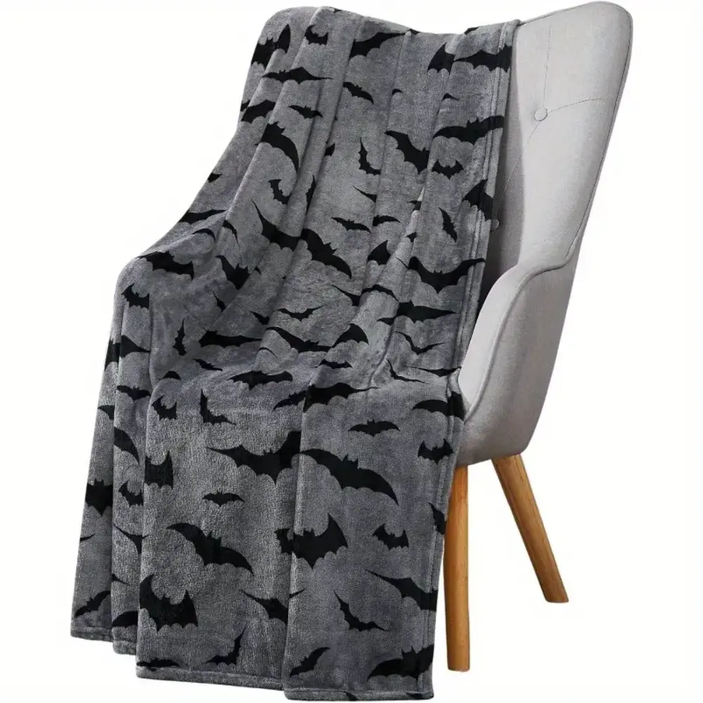 Halloween Throw Blanket - Black Bats Print on Gray Soft Flannel Material, Extra-Large 70x50 in Anti-Pilling 280GSM Blanket, Machine Washable Cozy Fall Decor for Sofa, Bed, Extra-Large Size