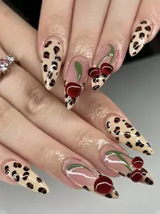 24pcs Leopard Cherry Press-On Nails – Short Almond 3D Cherry Nail Set