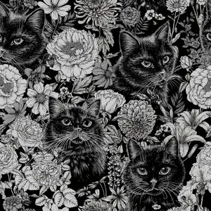 Self-Adhesive Cat Wall Paper Roll, Vintage Animal Floral, Victorian Gothic Cool Cat Print, Rent-Friendly Wall Mural