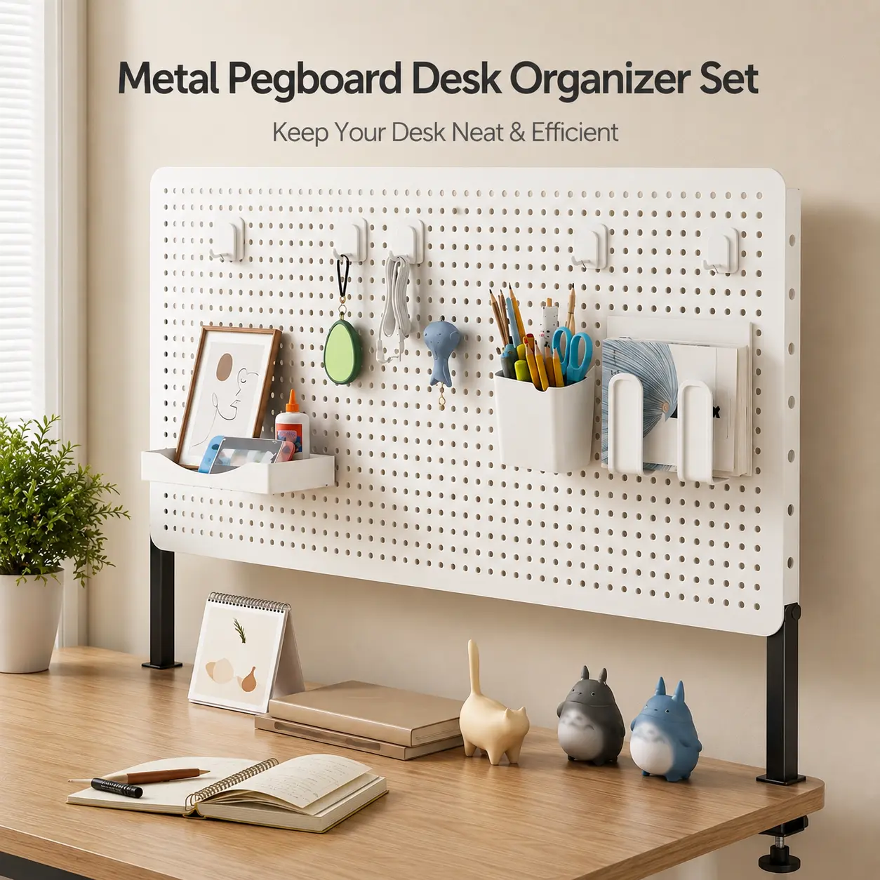 Metal Pegboard Desk Organizer Set, Clamp-On Desktop Storage Panel with Hooks, Shelf, Pen Holder and Accessory Bins for Office Supplies, Gaming Desk, Study Room and Home Office
