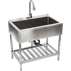 Stainless Steel Utility Sink with Pull-Out Faucet and Shelf, Freestanding Single Bowl Kitchen Sinks Laundry Sink for Restaurant Laundry Room Garage Shop Farmhouse Indoor Outdoor Drain Modern Home