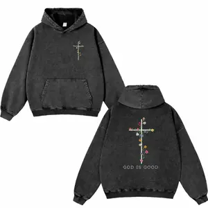 God Is Good Flower Cross Washed Hoodie, Christian Apparel, Oversized Menswear And Women Menswear Tops, Gym Pump Cover, Hip Hop Y2K Graphic Apparel, Gift for Fans