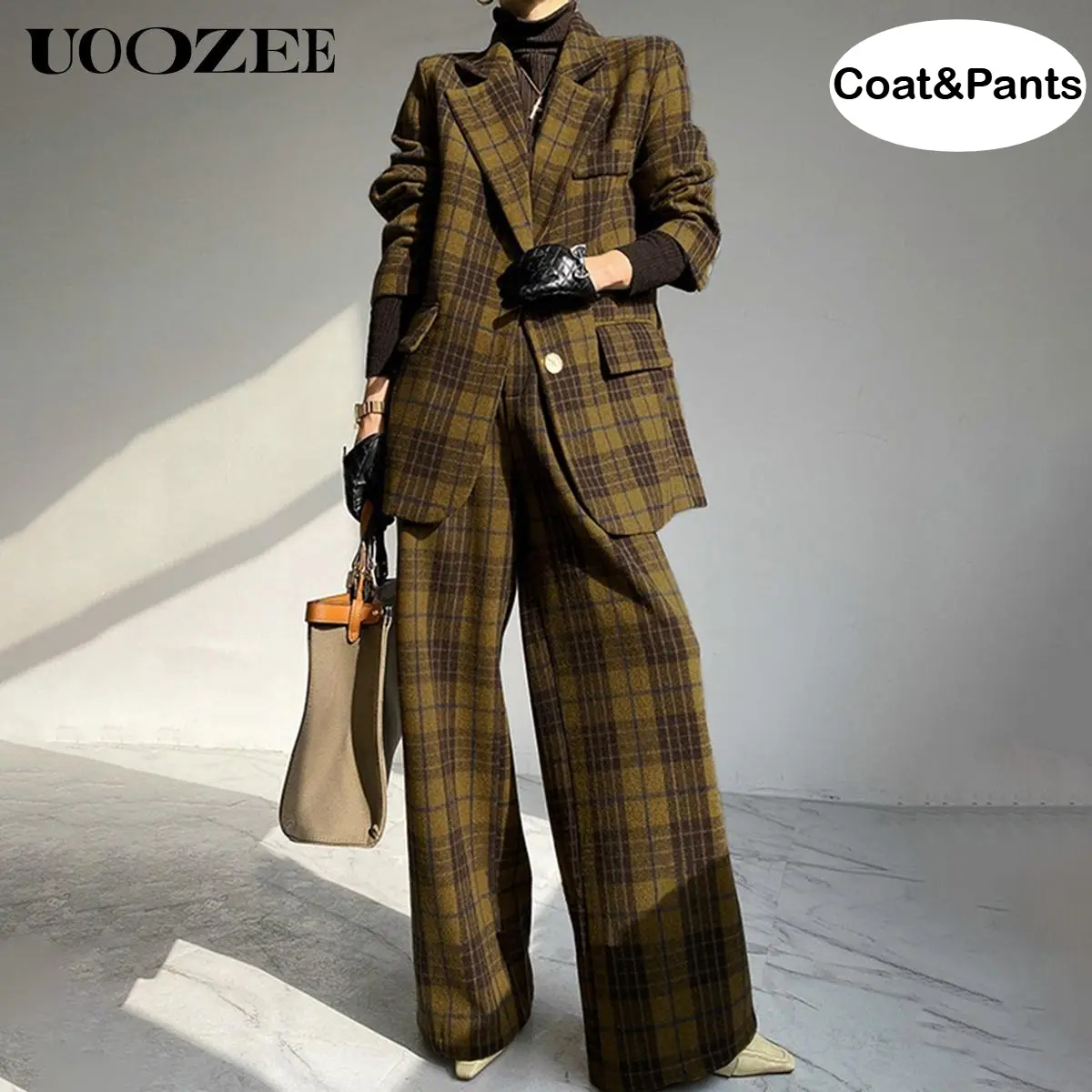 UOOZEE Women's 2-Piece Plaid Polyester Formal Coat Set - Autumn Winter Retro Elegant Long-Sleeve Loose Button Blazer (No Belt/Pockets) & High-Waisted Full-Length Trouser with Pockets, Brown (Blazer+Trouser)