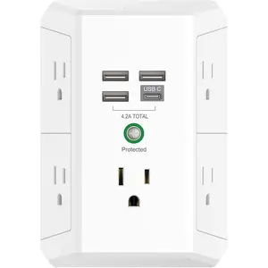 Multi Plug Outlet Surge Protector, 5-Outlet Extender with 4 USB Ports(1USB C) and Night Light, 3-Sided Outlet Splitter with Spaced Outlets for Home, Office, ETL, White