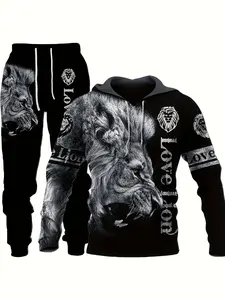 Men's 3D Lion Pattern Printed Long-Sleeved Zipper Hoodie with Drawstring & Pockets Sporty Casual Outdoor Jacket for Festivals Halloween Christmas Gifts