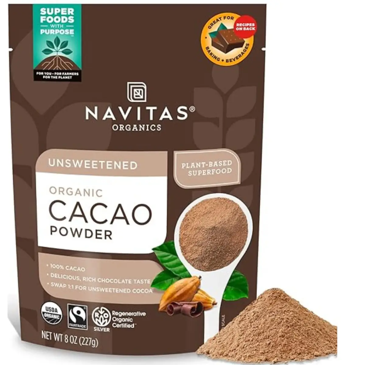 Navitas Organics Cacao Powder, Organic Certified, Non-GMO, Fair Trade, Gluten-Free, 8oz. Bag, 15 Servings Chocolate Sugar Beverage Drink Mixed Nata
