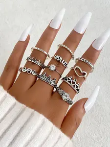 Vintage Silver Color Heart Crown Rhinestone Ring Set, 11 Piece Elegant Jewelry for Women, Stylish Hollow Out Design, Trendy Jewellery Accessories, Vintage Promise Rings