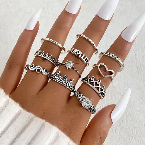 Vintage Silver Color Heart Crown Rhinestone Ring Set, 11 Piece Elegant Jewelry for Women, Stylish Hollow Out Design, Trendy Jewellery Accessories, Vintage Promise Rings, Rhinestone Decor Ring, Finger Rings, Beautiful Rings