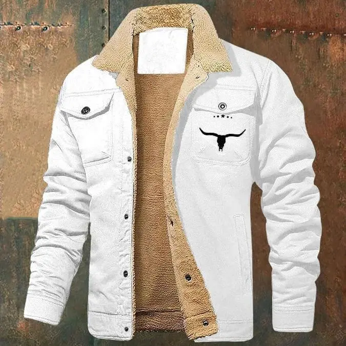 Men's Retro Trucker Jacket in Khaki, Fleece-Lined Warm Crew Neck Menswear with Cargo Pockets for Outdoor Work, No