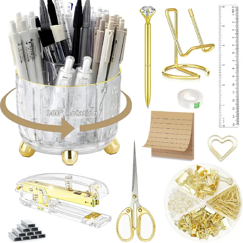 11-Piece Gold Acrylic Office Desk Organizer Set with 360° Rotation Pen Holder, Stapler, Phone Holder, Ballpoint Pen, Scissors, Binder Clips, Ruler, Transparent Glue, Sticky Notes, Staples for Organize Tools Needs