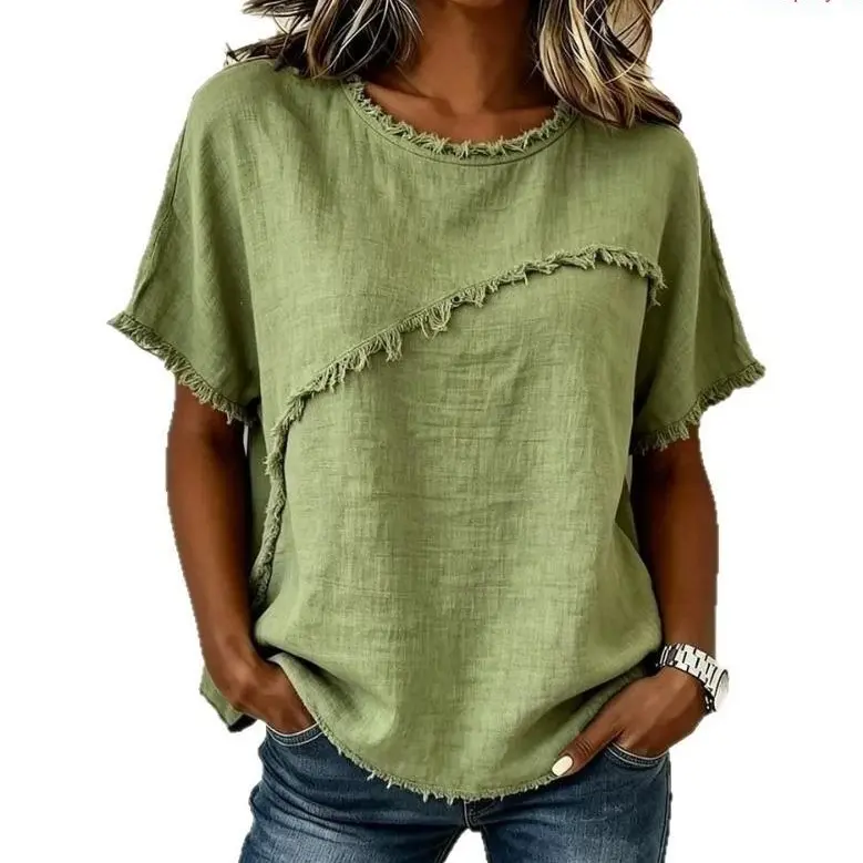 2026 New Women's Basic Crew Neck Short Sleeve Top - Trendy Raw Edge Panel Blouse, Relaxed Fit Multi-Size Apparel for Street Style, Outdoors (Khaki)