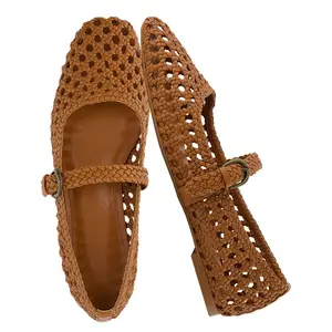 CUSHIONAIRE Weston Women’s Hand Woven Dressy Ballet Flats – Faux Leather Mary Jane with Adjustable Strap & Memory Foam Cognac Woven 10
